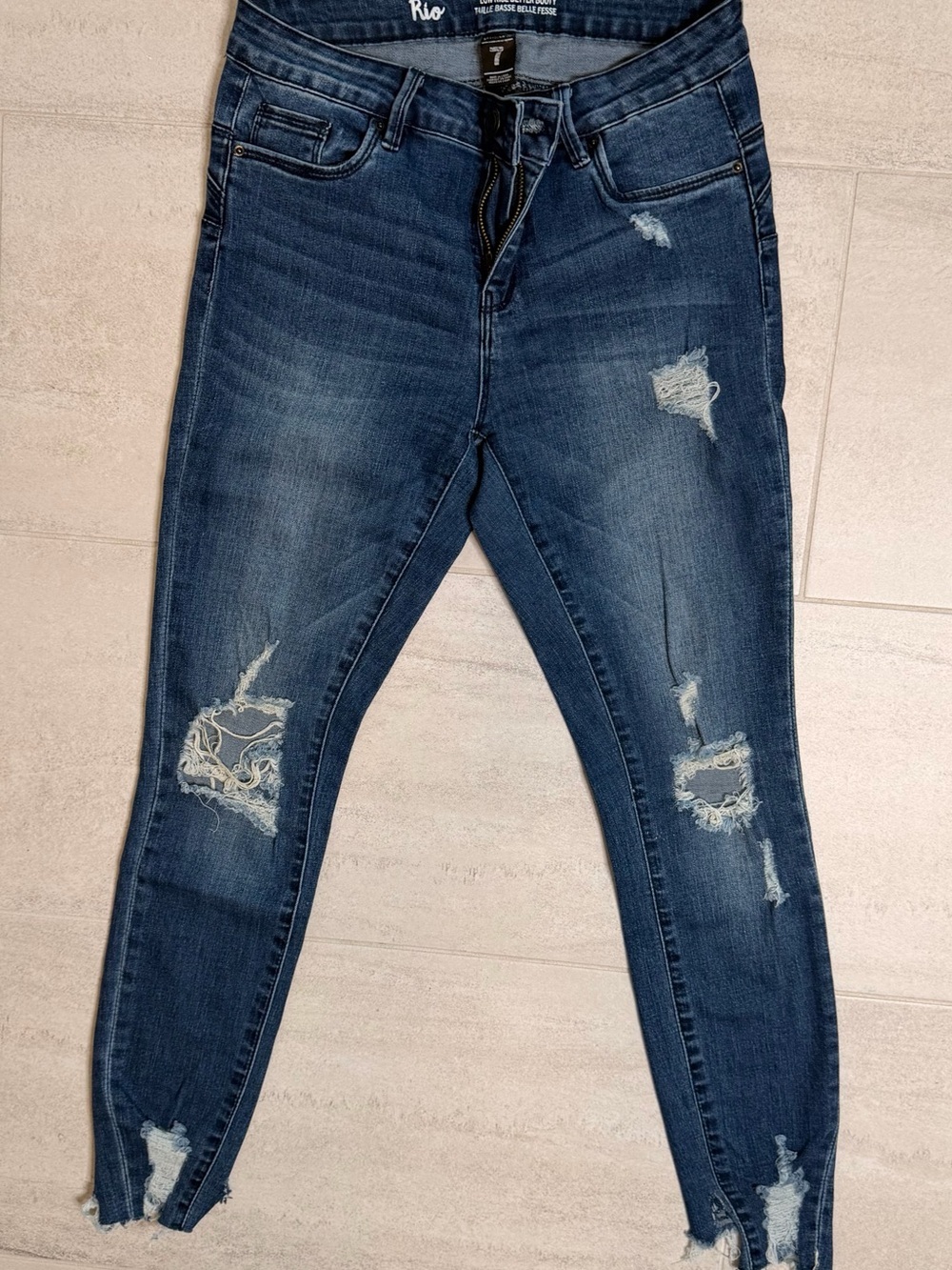 Dark Blue Skinny Jeans with Frayed Hem - Picture 2 of 9
